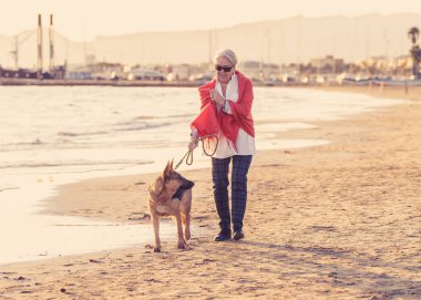 Güzel emekli yaşlı kadın ve plaj arkadaşlık faydaları hayvanların koruma aktif emeklilik yaşam tarzı ve köpek dostu Turizm kıyı deniz okyanus yürürken Alman shepard köpeği.