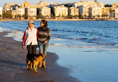 Mutlu kıdemli anne yetişkin kızı ve Alman shepard köpek vakit birlikte günbatımı ışık kumsalda mutlu aile anlarda evde beslenen hayvan hayvanlar yürürken köpek dostu Turizm ve emeklilik faydaları.