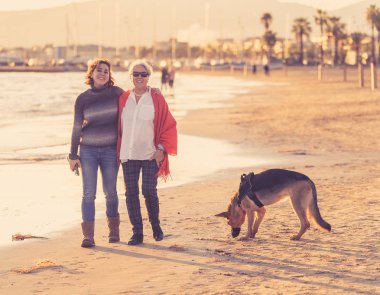 Mutlu kıdemli anne yetişkin kızı ve Alman shepard köpek vakit birlikte günbatımı ışık kumsalda mutlu aile anlarda evde beslenen hayvan hayvanlar yürürken köpek dostu Turizm ve emeklilik faydaları.