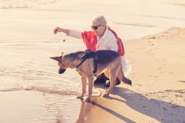 Güzel dul yaşlı kadın onun Alman shepard onun arkadaşı zevk köpek ve aşk ile sahilde günbatımı hayvan faydaları tutma aktif emeklilik yaşam tarzı oynayan ve dostu Turizm köpek.