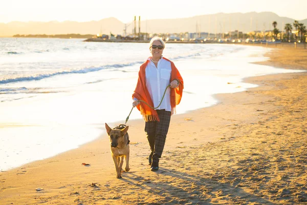 Vackra Pensionerad Äldre Kvinna Och Tyska Shepard Hund Promenader Längs — Stockfoto
