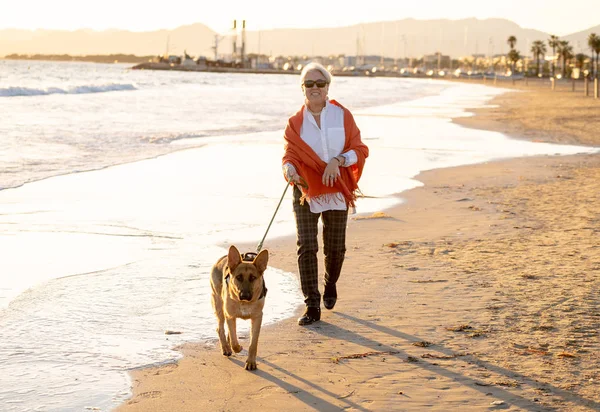 Güzel emekli yaşlı kadın ve plaj arkadaşlık faydaları hayvanların koruma aktif emeklilik yaşam tarzı ve köpek dostu Turizm kıyı deniz okyanus yürürken Alman shepard köpeği.
