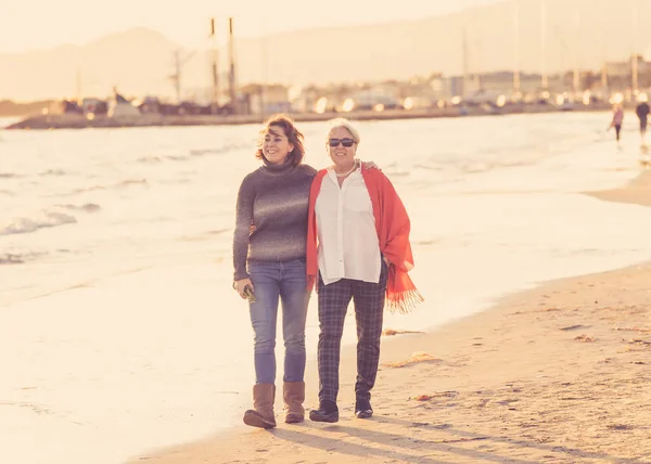 Portrait Happy Senior Mother Adult Daughter Spending Time Together Holding — Stock Photo, Image