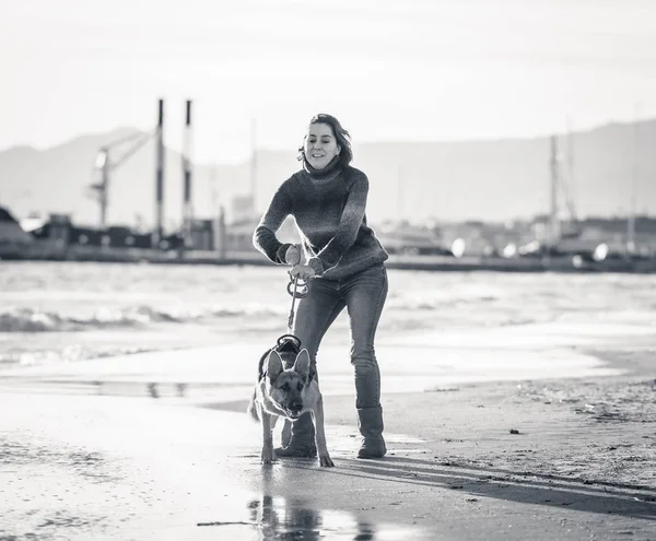 Beautiful Adult Woman Pet German Shepard Dog Walking Shore Sea — Stock Photo, Image