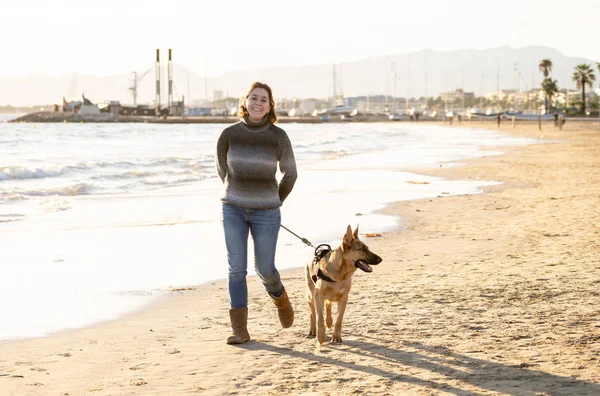 Güzel yetişkin kadın ve evde beslenen hayvan Alman shepard köpek arkadaşlık faydaları hayvanların köpeklerin yaşam tarzı ve köpek dostu Turizm Eğitim öğleden sonra batımında sahilde kıyı deniz okyanus yürüyen.