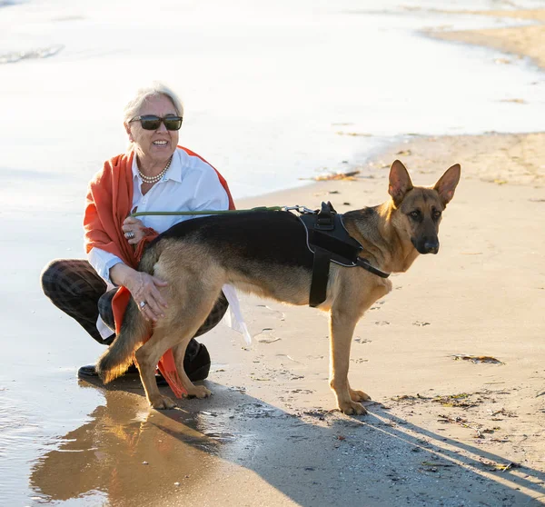 Mulher Mais Velha Viúva Bonita Brincando Com Seu Cão Pastor — Fotografia de Stock