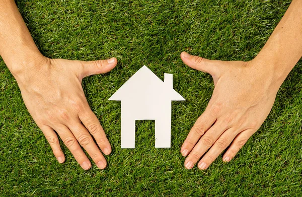 Conceptual Picture Woman Hands Protecting White House Green Field Top — Stock Photo, Image