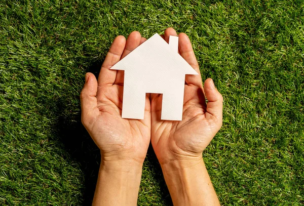 Conceptual Picture Woman Hands Protecting White House Green Field Top — Stock Photo, Image