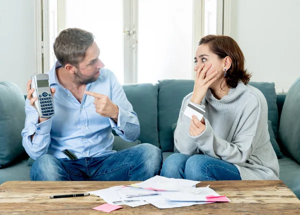 Stressed Angry Young Couple Arguing Credit Card Debts While Accounting — Stock Photo, Image