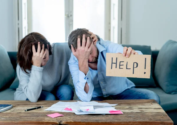 Stressed Young Couple Needing Help Accounting Home Finance Paying Bills — Stock Photo, Image