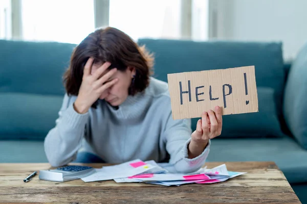 Worried Desperate Woman Asking Help Paying Debts Loan Calculating Bills — Stock Photo, Image