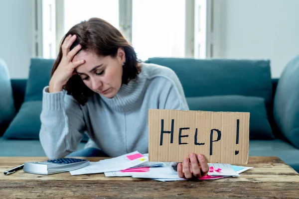 Worried Desperate Woman Asking Help Paying Debts Loan Calculating Bills — Stock Photo, Image