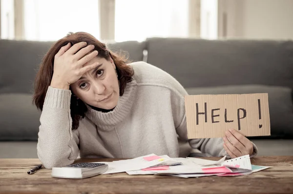 Worried Desperate Woman Asking Help Paying Debts Loan Calculating Bills — Stock Photo, Image