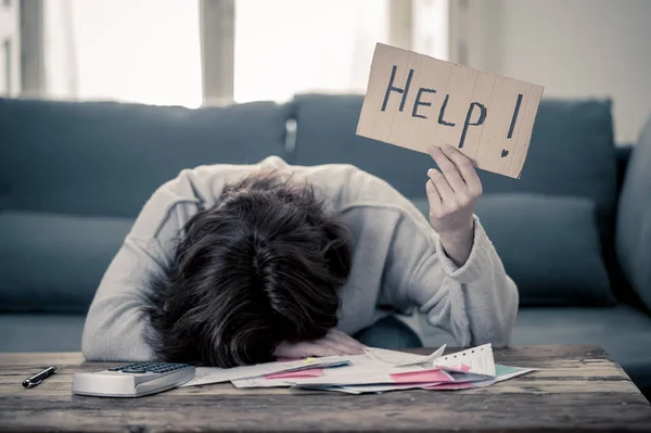 Worried Desperate Woman Asking Help Paying Debts Loan Calculating Bills — Stock Photo, Image