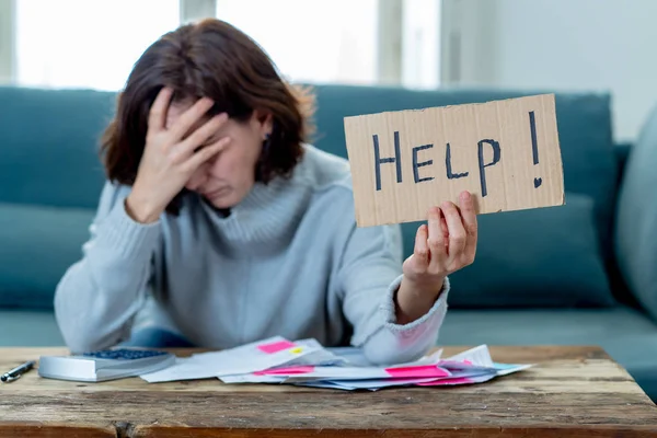 Worried Desperate Woman Asking Help Paying Debts Loan Calculating Bills — Stock Photo, Image