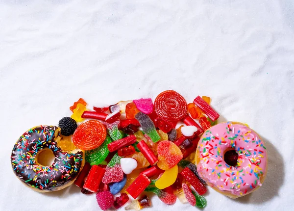 Colorful Selection Different Sweets Candies Treats White Sugar Metaphor Too — Stock Photo, Image