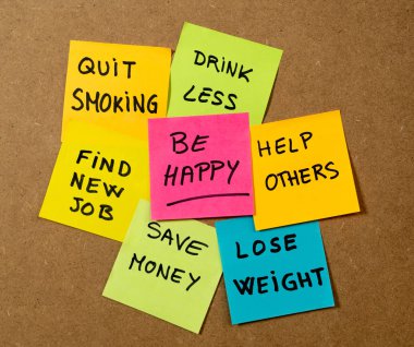 Mantar pano renkli faturası notları rüyalar dilek ve trendy yazı yazı ile yazılı yeni yıl çözünürlük onun için mutlu yaşam tarzı hedef ve öz yönetim motivasyon kavramı.