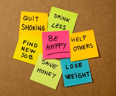 Mantar pano renkli faturası notları rüyalar dilek ve trendy yazı yazı ile yazılı yeni yıl çözünürlük onun için mutlu yaşam tarzı hedef ve öz yönetim motivasyon kavramı.