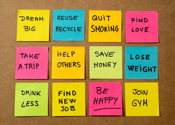 New Year Resolution Written Cork Board Colorful Memo Notes Dreams — Stock Photo, Image