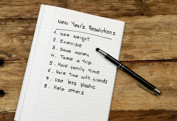 Top View 2019 New year resolutions list with wishes for new lifestyle written on notepad and pen on Vintage table in Wish list and Goals for happiness Aspiration and Motivation Concept.