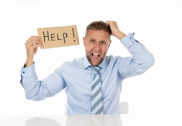 Young Attractive Frustrated Tired Caucasian Businessman Holding Help Sign Message — Stock Photo, Image