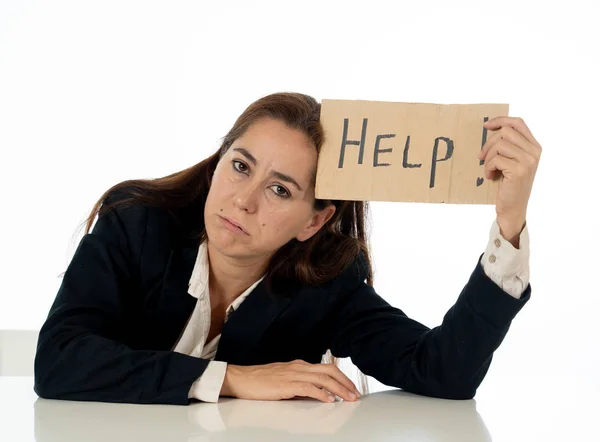 Jonge Aantrekkelijke Depressief Latijns Zakenvrouw Holding Teken Helpbericht Uitgeput Onder — Stockfoto