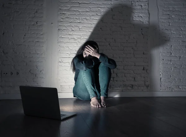 Sad Scared Female Young Woman Computer Laptop Suffering Cyberbullying Harassment — Stock Photo, Image