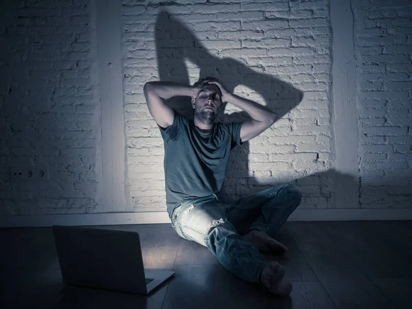 Severely Distraught Young Men Laptop Suffering Cyberbullying Harassment Being Online — Stock Photo, Image