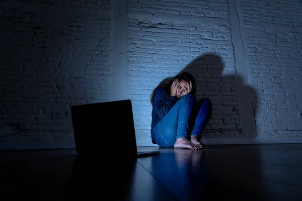 Sad Scared Female Young Woman Computer Laptop Suffering Cyberbullying Harassment — Stock Photo, Image