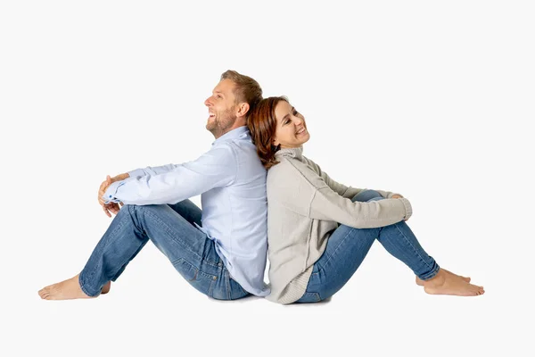 Happy couple isolated on white background with copy space Thinking and Planning wealthy future together in Love, Buying First house, having Child Baby and family financial well-being concept.