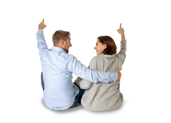 Casal Feliz Isolado Fundo Branco Com Espaço Cópia Pensando Planejando — Fotografia de Stock