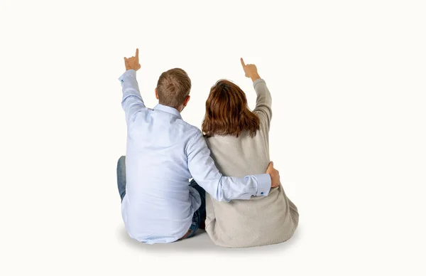 Casal Feliz Isolado Fundo Branco Com Espaço Cópia Pensando Planejando — Fotografia de Stock