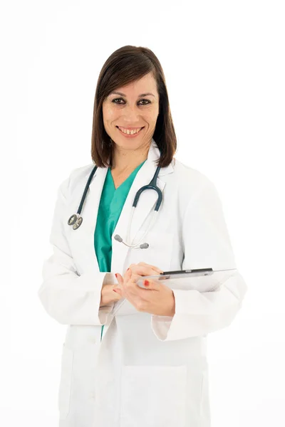 Portrét Šťastný Lékařka Schránky Stetoskop Nemocnici Jednotná Izolovaných Bílém Pozadí — Stock fotografie