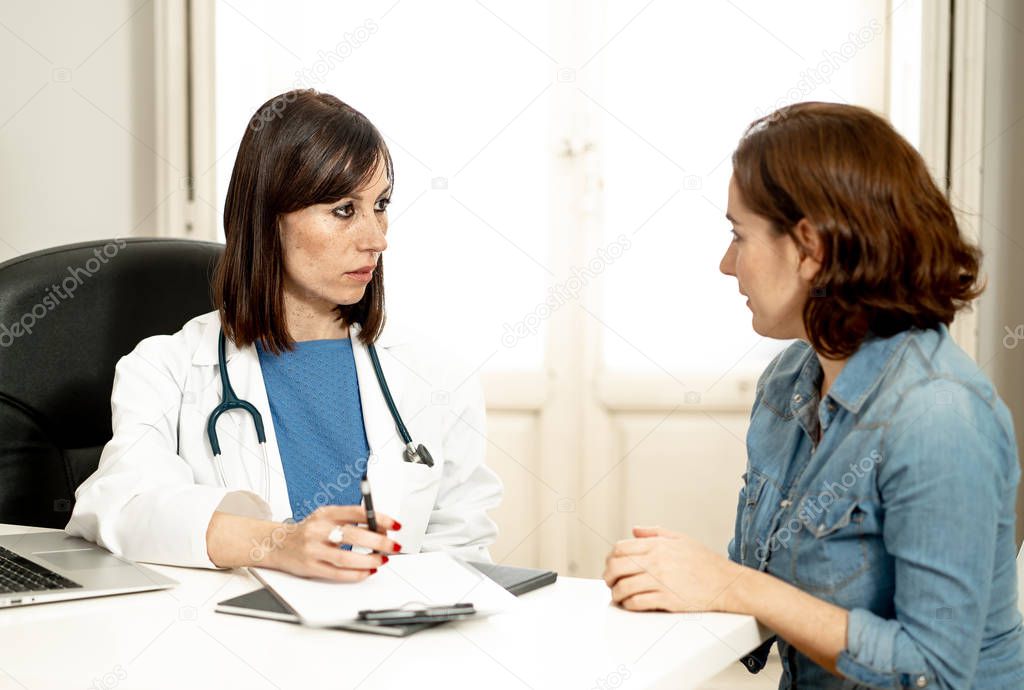 Female family doctor listening carefully with sympathy to woman patient talking about problems and symptoms in partnership, health care, Psychiatry, communication and medical trust concept.