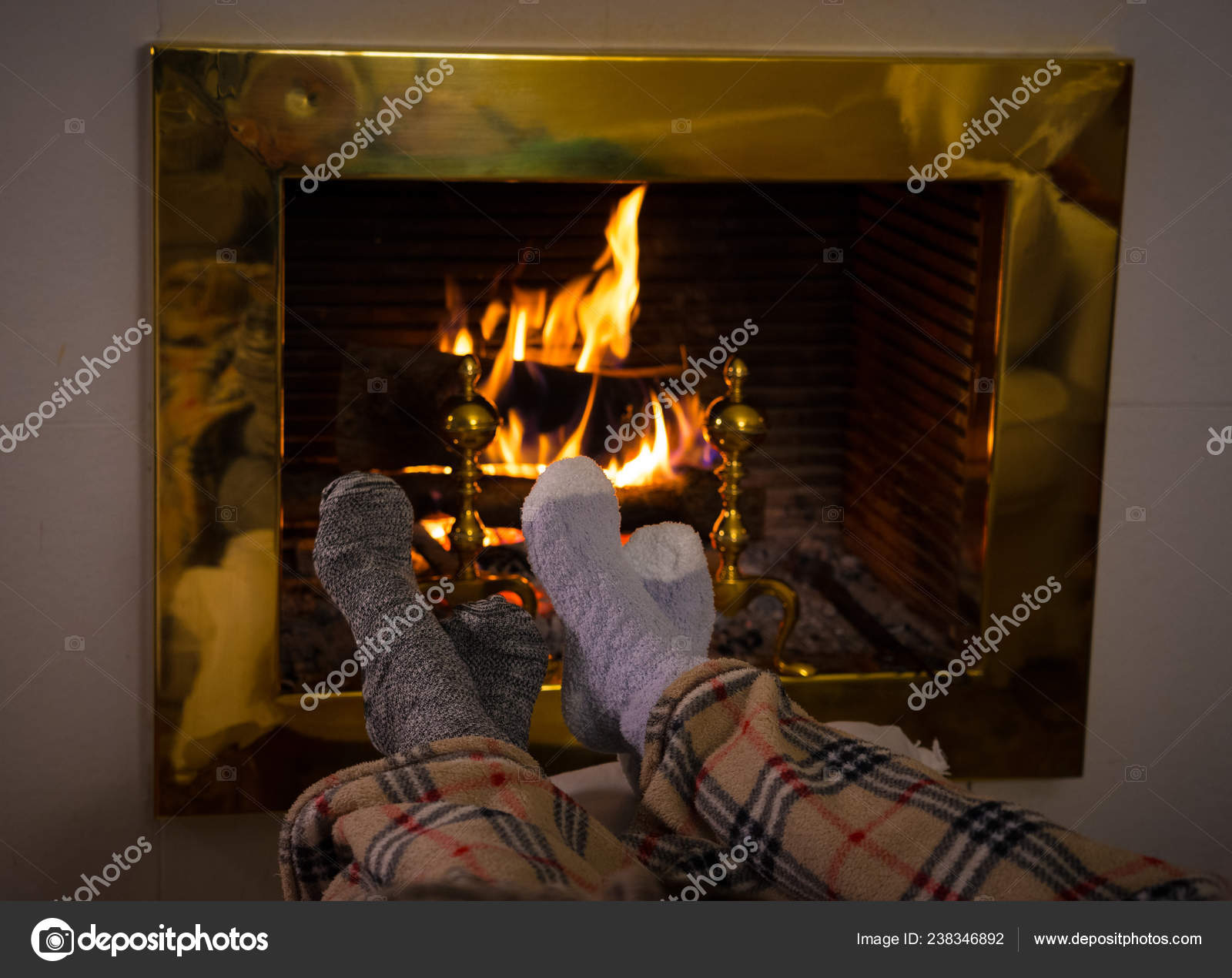 Close Image Couple Sitting Blanket Cozy Fireplace Warming Feet