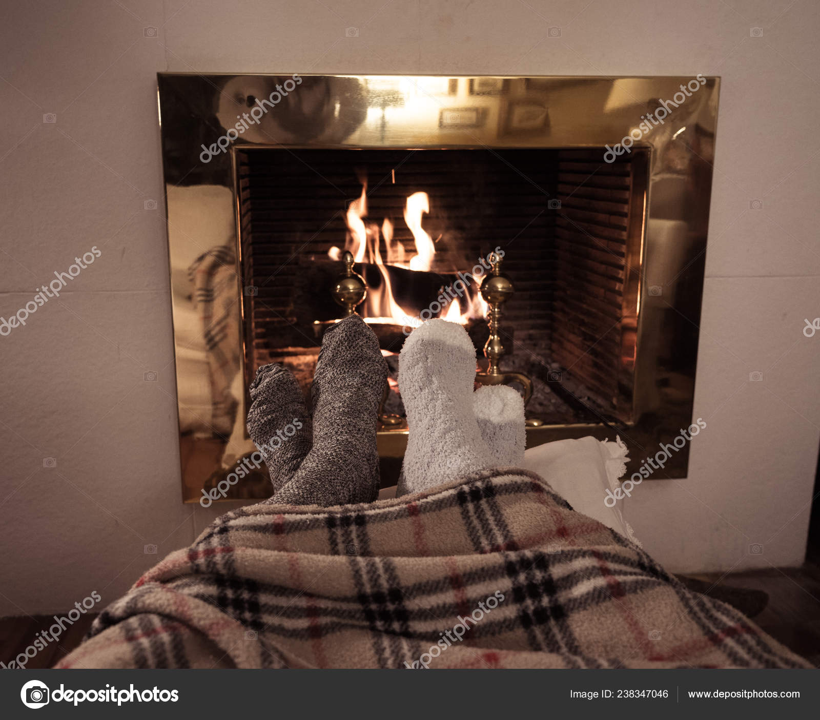 Close Image Couple Sitting Blanket Cozy Fireplace Warming Feet