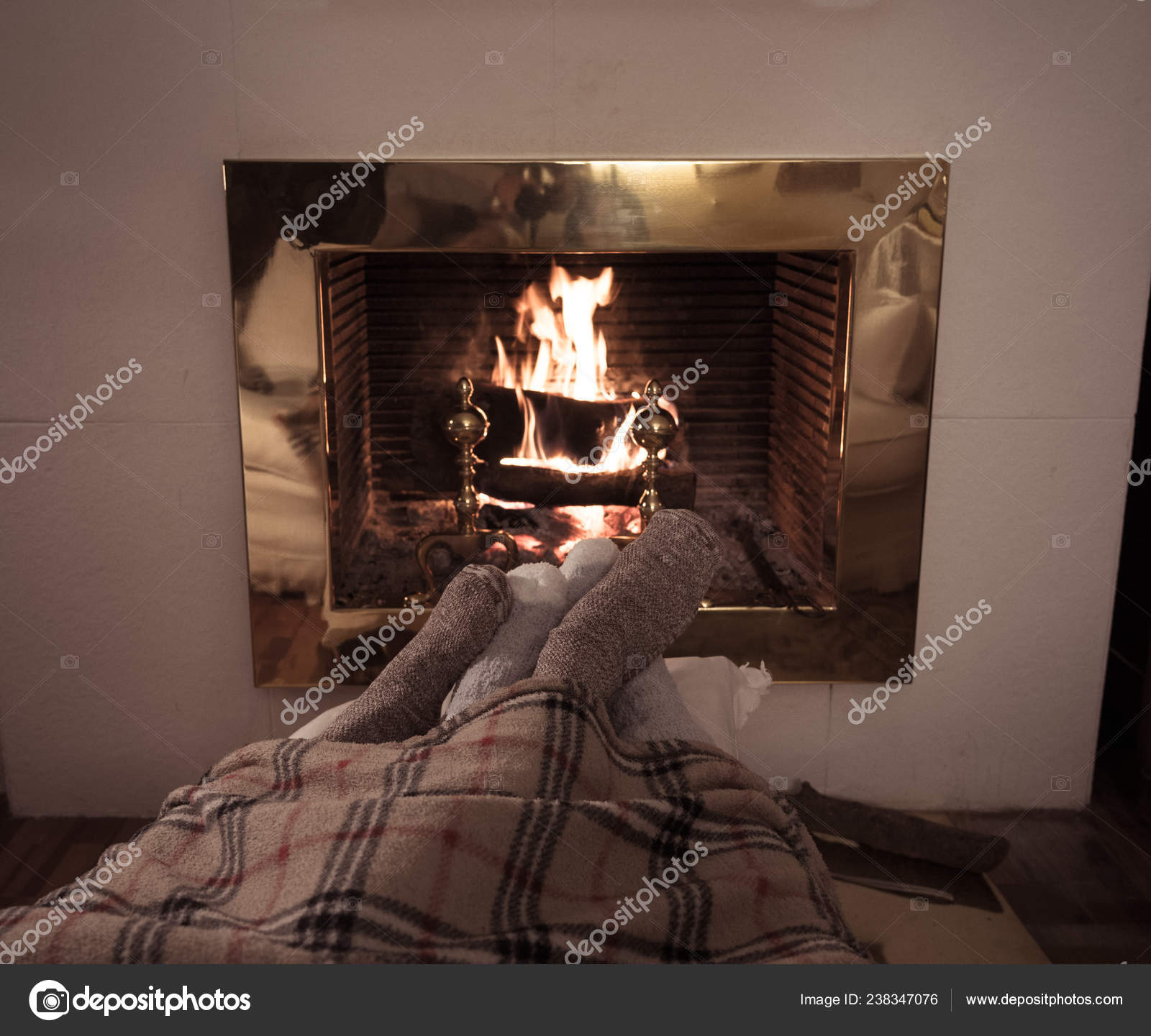Close Image Couple Sitting Blanket Cozy Fireplace Warming Feet