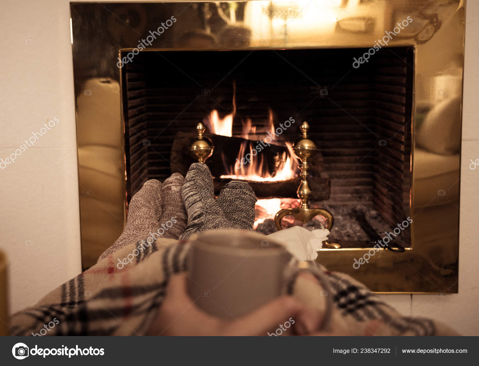 Close Image Couple Sitting Blanket Cozy Fireplace Warming Feet