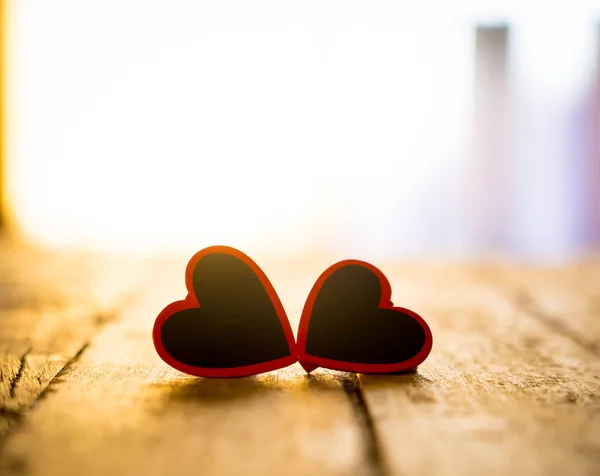 Two Red Hearts Vintage Rustic Wooden Table Romantic Light Background — Stock Photo, Image