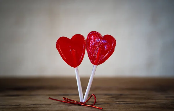 Two Cute Red Heart Shaped Lollipops Rustic Wooden Table Beautiful — Stock Photo, Image