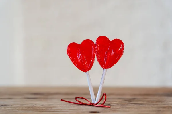 Two Cute Red Heart Shaped Lollipops Rustic Wooden Table Beautiful — Stock Photo, Image