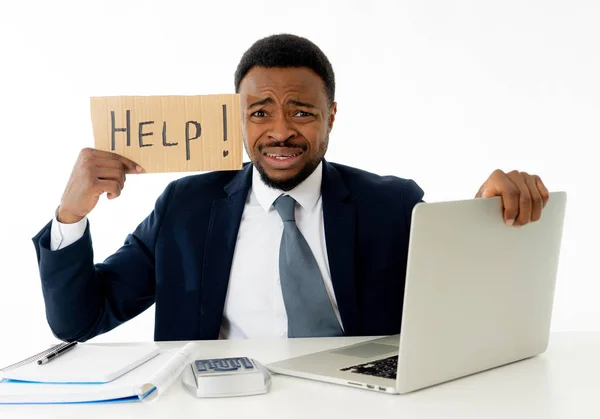 Desperate African American Businessman Laptop Computer Suffering Stress Work Holding — Stock Photo, Image