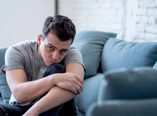 Unhappy Depressed Caucasian Male Sitting Crying Lying Living Room Couch — Stock Photo, Image