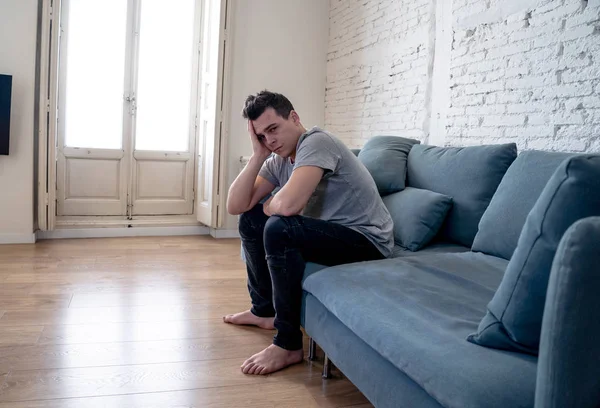 Portrait Young Man Felling Depressed Desperate Crying Alone Sofa Home — Stock Photo, Image