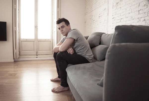 Unhappy Depressed Caucasian Male Sitting Crying Lying Living Room Couch — Stock Photo, Image