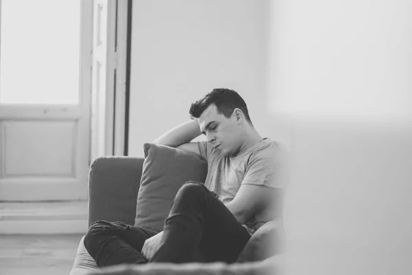 Portrait Young Man Felling Depressed Desperate Crying Alone Sofa Home — Stock Photo, Image