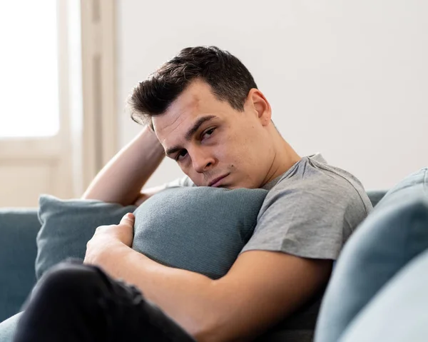 Unhappy Depressed Caucasian Male Sitting Crying Lying Living Room Couch — Stock Photo, Image