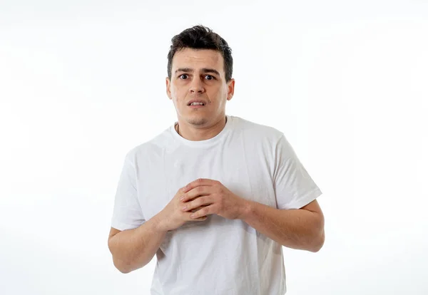 Portrait Young Man Shock Scared Face Expression Making Frightened Gestures — Stock Photo, Image