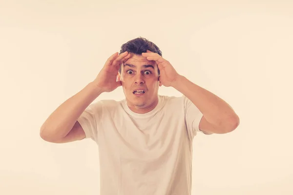 Portrait Young Man Shock Scared Face Expression Making Frightened Gestures — Stock Photo, Image