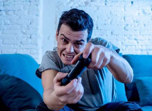 Portrait Young Student Man Spending Time Playing Video Games Using — Stock Photo, Image